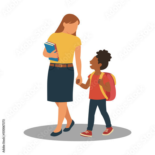 Teacher and student walking to school together