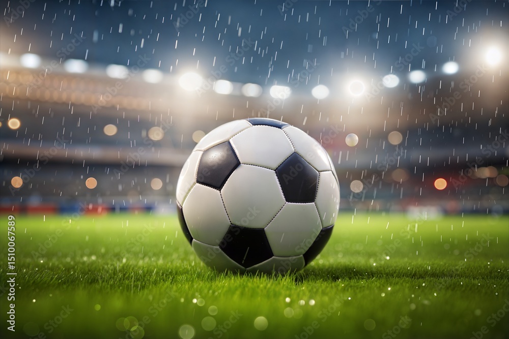 Obraz premium Soccer ball on field during rain at stadium night background