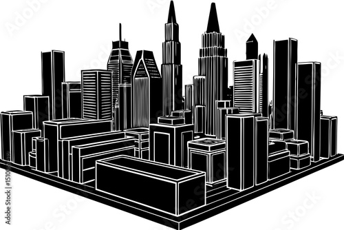 Detailed black and white illustration of a stylized cityscape with various skyscrapers and buildings on a base.
