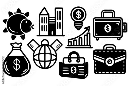 Diverse black and white business and finance icons collection on a transparent background for versatile use