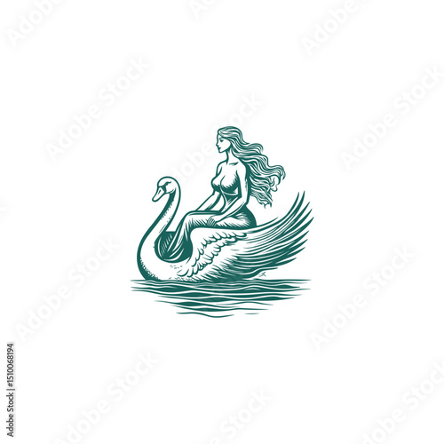 graceful woman riding a swan on the lake design vector template illustration