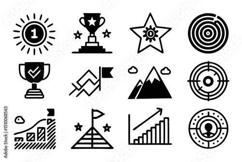 Vector icons representing success achievement goals and targets in black and white design style