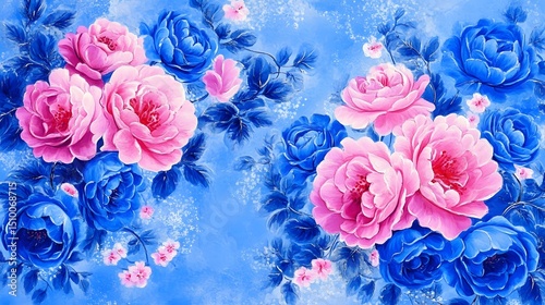 Vibrant Pink and Blue Roses Watercolor Painting Floral Art