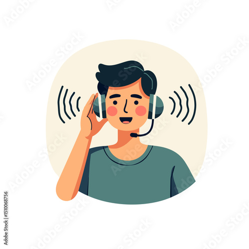 Cartoon Illustration of a Young Man Wearing Headphones with Microphone Listening to Music or Participating in a Video Call