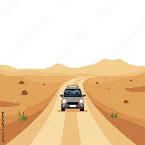 Car Driving Through a Desert Landscape Illustration with Mountains and Clear Sky, Road Trip Adventure