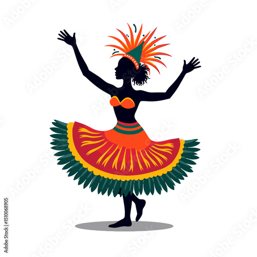Silhouette of a Woman in Traditional Brazilian Carnival Costume with Colorful Feather Headdress and Skirt, Festive Celebration