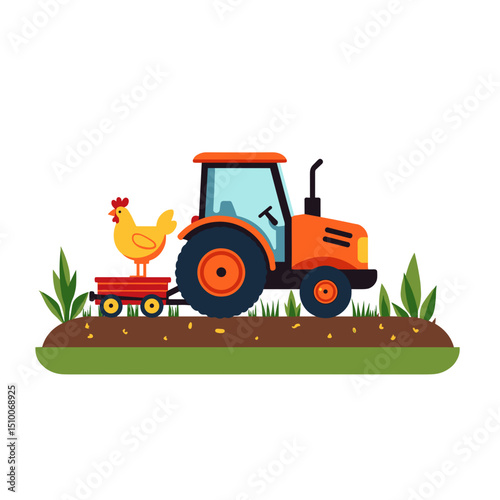 Cartoon Tractor Pulling a Wagon with a Chicken on a Farm Field Illustration