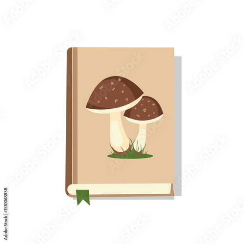 Mushroom Guide Book Illustration with Brown Cover and Mushroom Graphic for Education