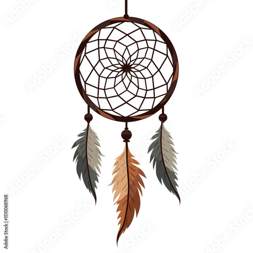Detailed Dream Catcher Illustration with Feathers and Intricate Web Design for Cultural and Spiritual Themes