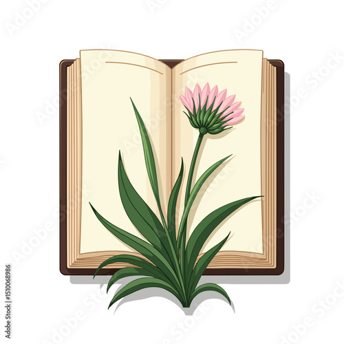 Illustration of an Open Book with a Pink Echinacea Flower and Green Leaves Pressed Inside, Botanical Illustration