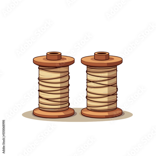 Illustration of Two Spools of Thread with Brown Wooden Ends and Beige Thread for Sewing and Crafting