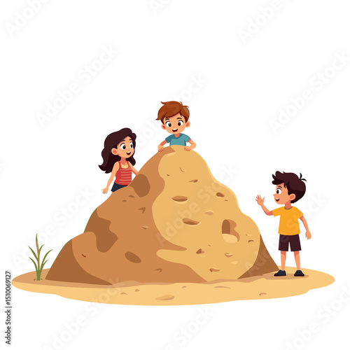 Children Playing on a Sand Pile Illustration: A Sunny Day of Outdoor Fun and Games
