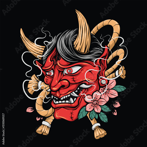 red japanese demon mask with flower