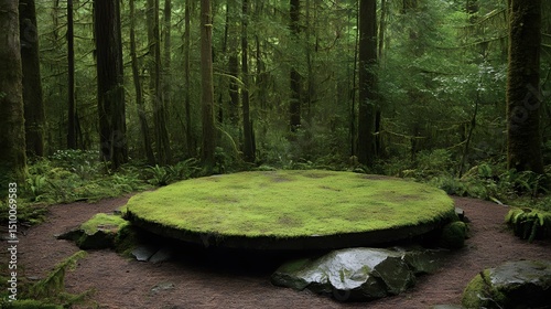 A forest clearing with a moss-covered dais and natural lighting