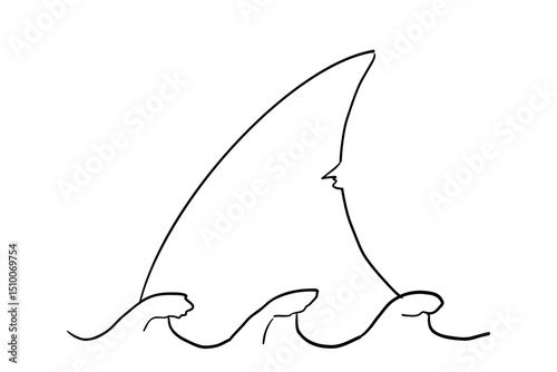 Shark fin sketch with water tattoo. Simple line silhouette dolphin or shark fin underwater. Vintage nautical retro textured shape.