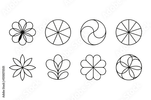 Eight unique black outlines are arranged symmetrically on a white transparent background creating varied linear forms