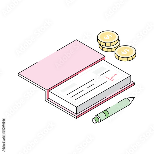 An isometric icon representing a financial cheque process