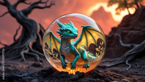 Mystical Dragon Guardian within a Glowing Protective Sphere