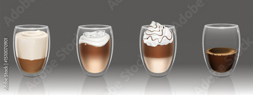 Realistic coffee drink in glass cups - foamy creamy latte and espresso, cappuccino and macchiato brew collection for cafe menu design. Isolated hot drink beverages set on transparent background.