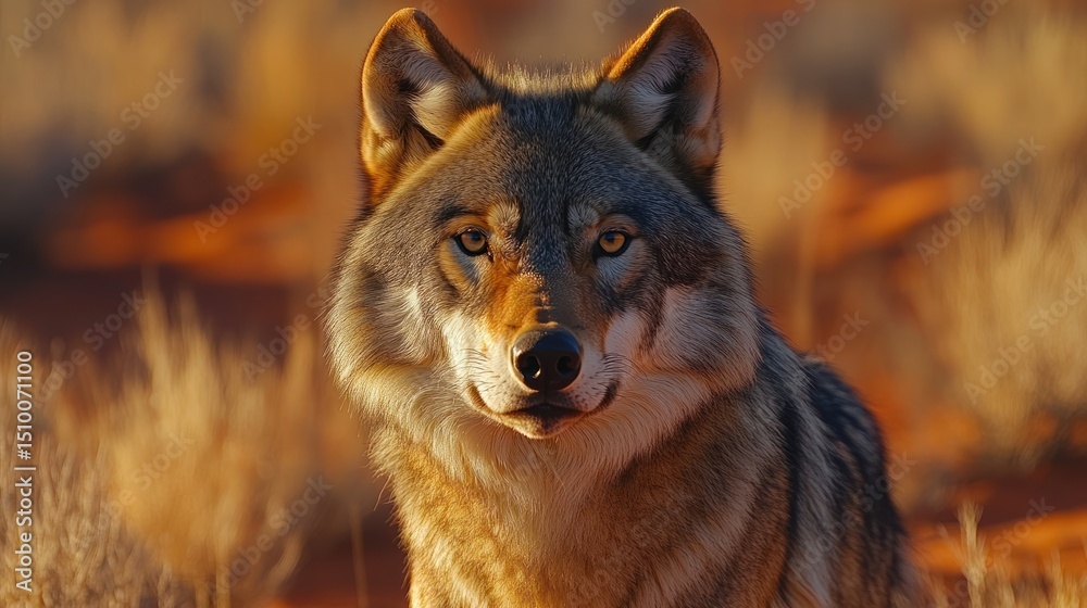 Fototapeta premium Close-up of a wolf in a desert