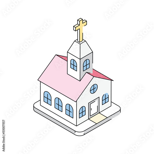 An isometric style icon showing a traditional church building