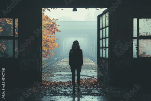 Woman standing at the entrance of an abandoned train station silhouette