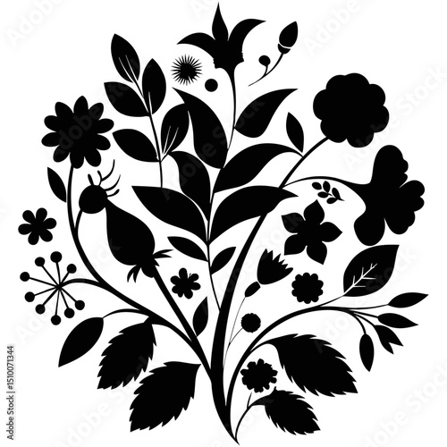 Seamless black and white floral pattern with decorative leaves and branches