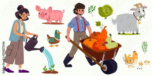 Farm garden workers set- man pushing wheelbarrow full of pumpkins, woman watering plants, duck and chickens, pig and goat. Cute cartoon characters taking care of animals and crop on agricultural field