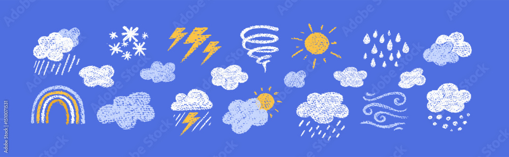 Crayon icons of weather, clouds and sun in sky. Doodle clouds with rain, lightning, snow, storm with chalk texture. Cute summer and winter weather icons drawn with crayon pencils, vector illustration