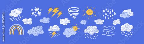 Crayon icons of weather, clouds and sun in sky. Doodle clouds with rain, lightning, snow, storm with chalk texture. Cute summer and winter weather icons drawn with crayon pencils, vector illustration