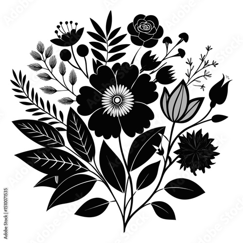 Abstract vector floral pattern with blooming spring flowers and decorative leaves