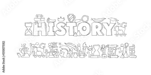 History education, school subject. History class banner with books, ancient documents, scroll and feather. Cute doodle men learning school lesson, vector hand drawn illustration