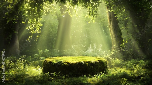 A forest clearing with a moss-covered dais and natural lighting