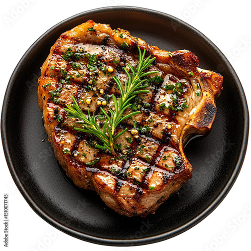 Top view of a delicious looking Grilled Veal Chop on a dark earthenware dish isolated on a white transparent background