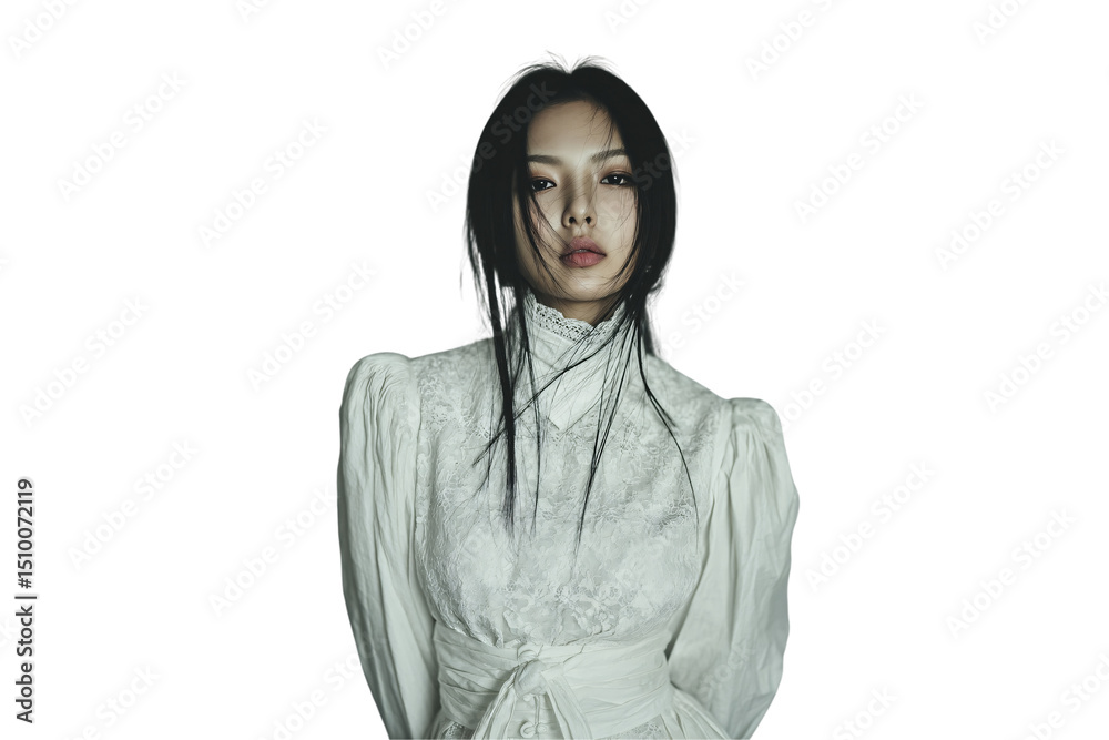 Woman with long dark hair wearing elegant white lace dress with high neckline, isolated on a transparent background Woman with long dark hair wearing elegant white lace dress with high neckline, isolated on a transparent background