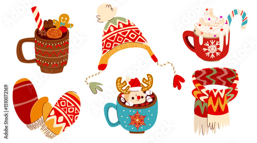 Christmas holiday drinks and clothes - hot chocolate with marshmallow reindeer, gingerbread spicy beverage, peppermint mocha topped with whipped cream and candy cane, knitted hat, scarf and gloves.