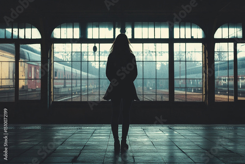 Woman standing before a forgotten train station silhouette