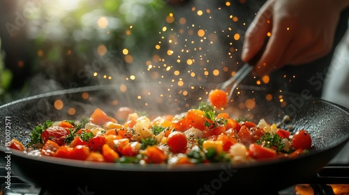 Cooking vegetables in a pan with steam and vibrant colors