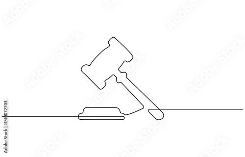 Judge hammer one continuous single line art drawing, One line drawing of judge hammer law symbol,  hand drawn sketch minimalist design vector illustration.