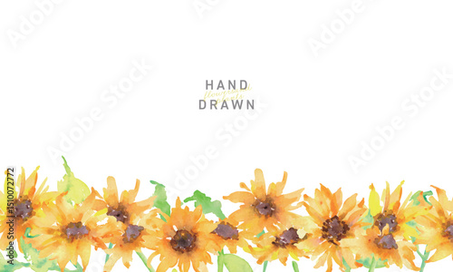 水彩画。水彩タッチのひまわりイラスト。向日葵のベクター素材。夏のヒマワリフレーム。Watercolor painting. Sunflower illustration with watercolor touch. Sunflower vector material. Summer sunflower frame.