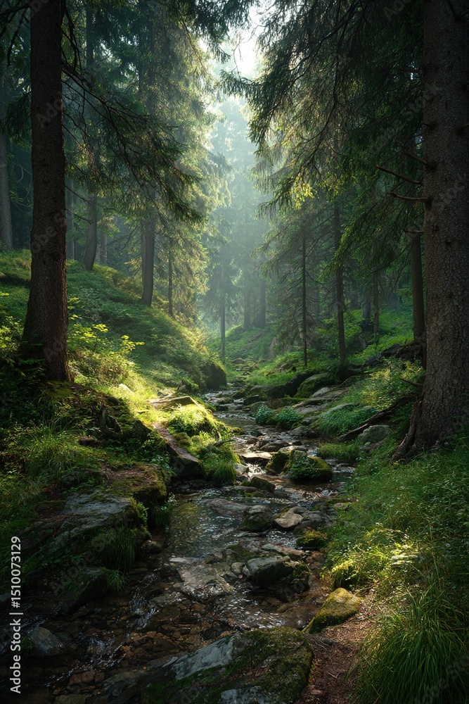 Obraz premium Serene Green Forest Stream Sunlight Path. High quality