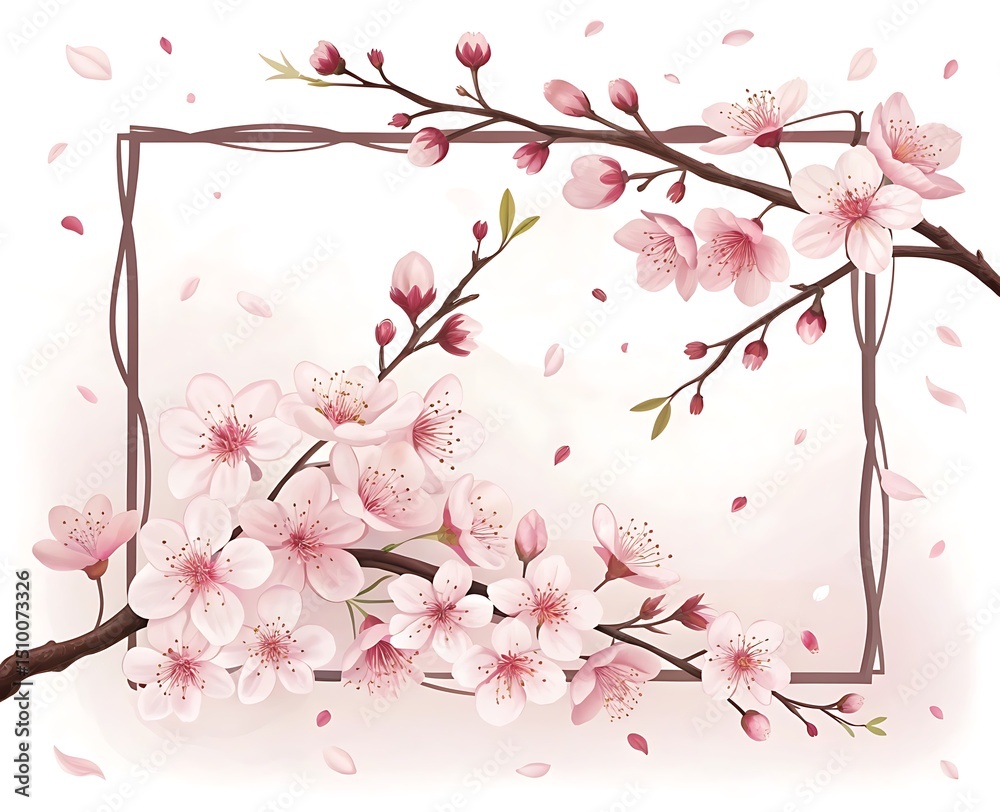 Naklejka premium Elegant Floral Frame with Cherry Blossoms and Falling Petals Perfect for Springtime Greetings Invitations and Romantic Designs with a Touch of Japanese Aesthetics