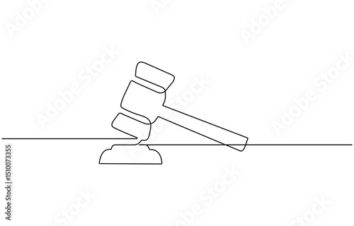 Judge hammer one continuous single line art drawing, One line drawing of judge hammer law symbol,  hand drawn sketch minimalist design vector illustration.