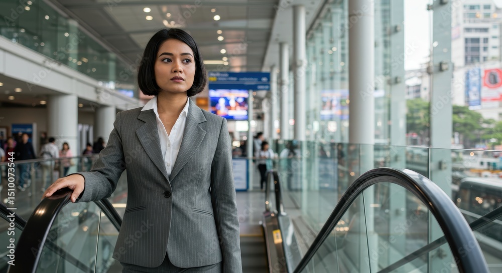 Businesswoman on Escalator in Modern Building Businesswoman on Escalator in Modern Building