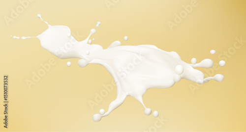 Milk wave splash dynamic motion on beige background - white liquid flowing with droplets scattered around. Creamy dairy product pouring action for beverage advertising or food packaging design.