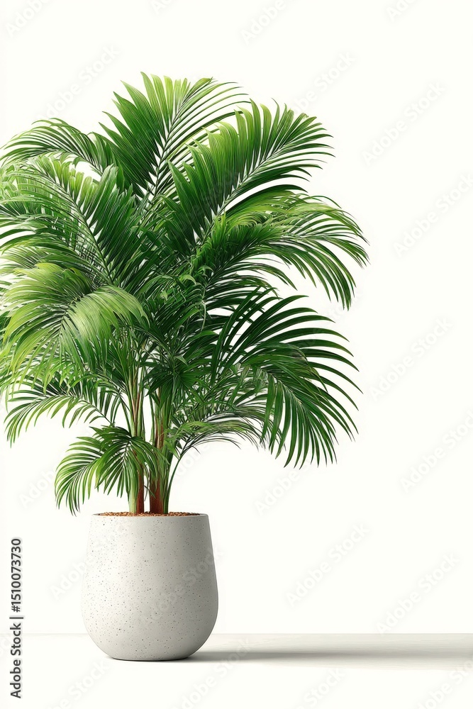 Obraz premium Minimalistic palm tree in modern pot on white background showcasing clean design elements