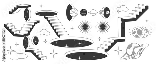 Surreal door portal elements collection - mystical staircases leading to cosmic gateways, floating eyes, planets with rings, starry voids and clouds. Monochrome abstract design for fantasy worlds.