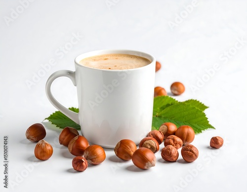 White mug of coffee with hazelnuts