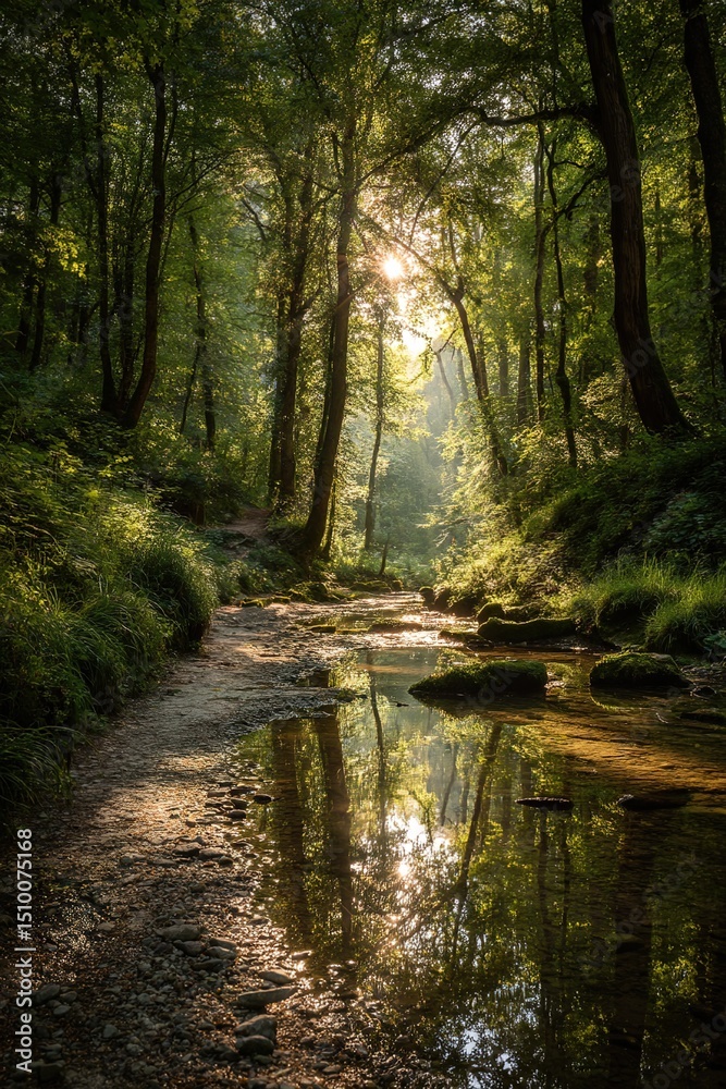 Obraz premium Serene Green Forest Stream Sunlight Path. High quality