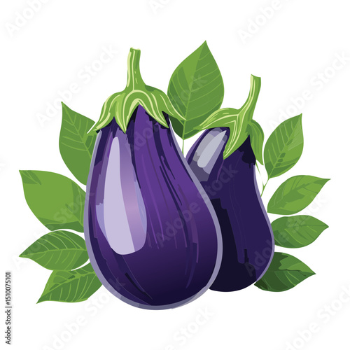 Purple Eggplants and Green Leaves